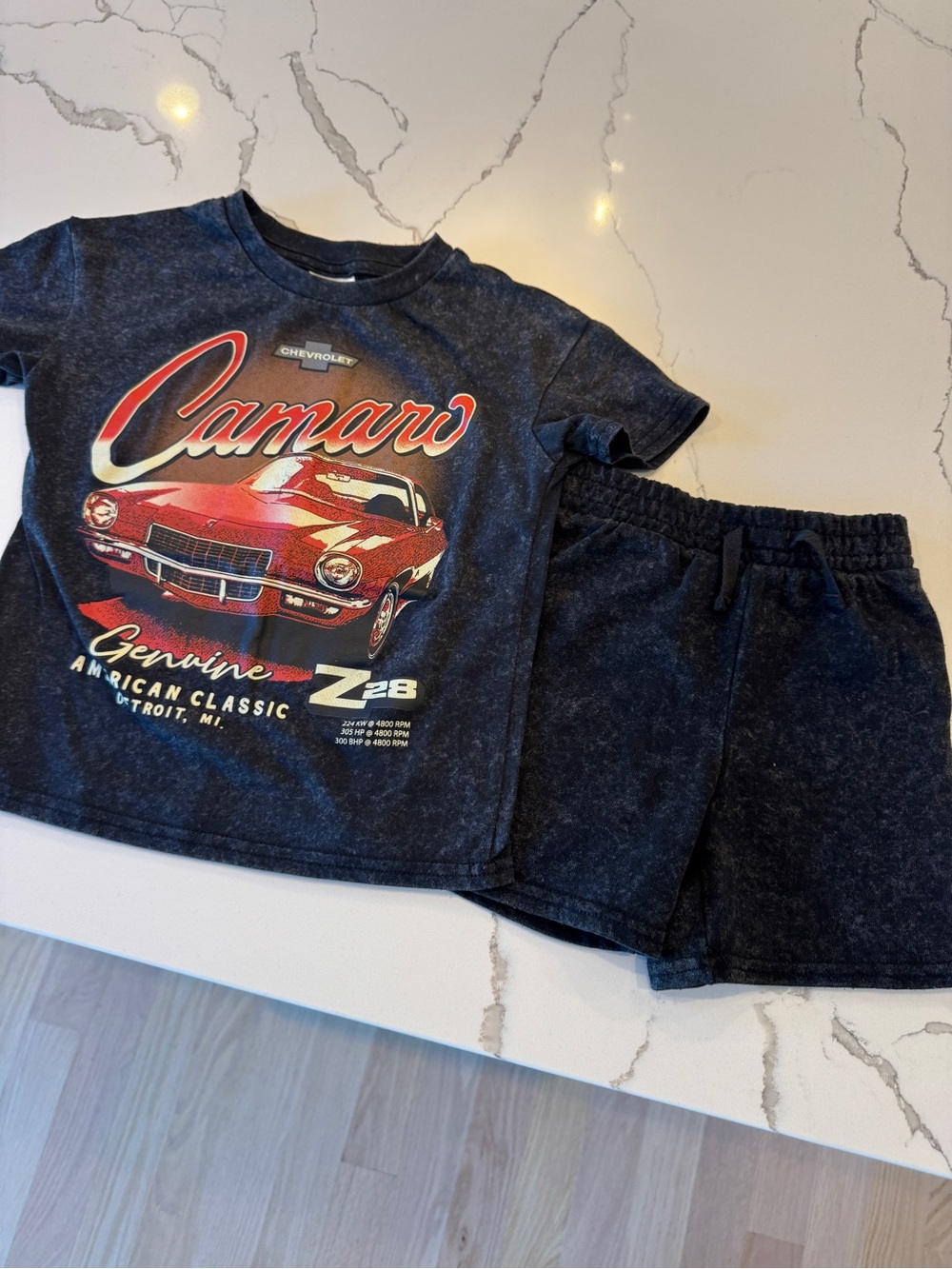Camaro Red Car Graphic Kids Tee and Shorts Set - Dark Heather